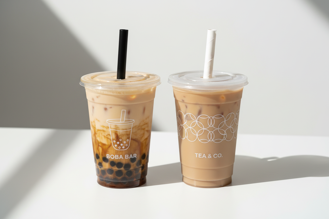 Custom print PP milk tea cup 700ml - transparent and matte finish side by side