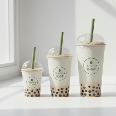 Custom print double-coated paper milk tea cups and lids in 14oz, 16oz and 22oz sizes