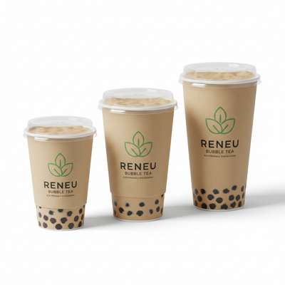 Custom print double-wall paper milk tea cups and lids in 14oz, 16oz and 22oz sizes