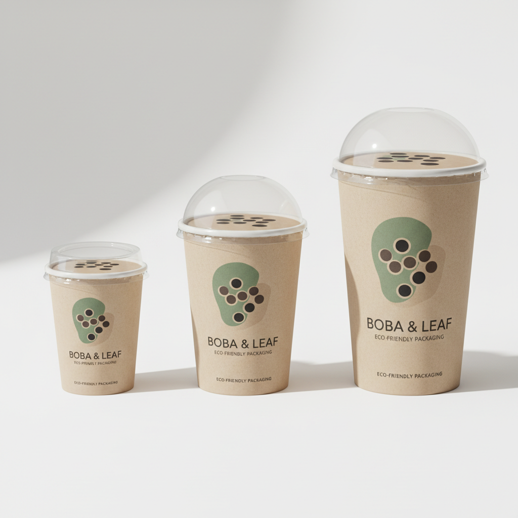 Custom print single-film paper milk tea cups and lids in 12oz, 14oz and 16oz sizes