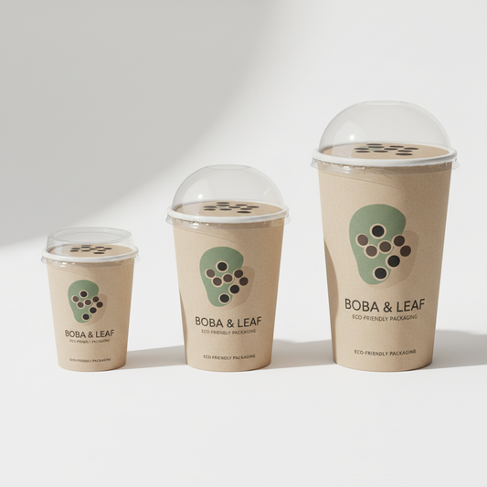 Custom print single-film paper milk tea cups and lids in 12oz, 14oz and 16oz sizes