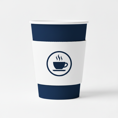 90mm white coated cup sleeve with navy blue logo on navy blue coffee cup